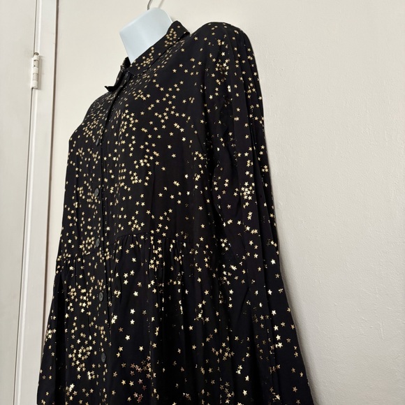Solitaire Star Print Tunic/Mini Dress Size XL NEW Black Gold Metallic Button Up - Picture 2 of 12